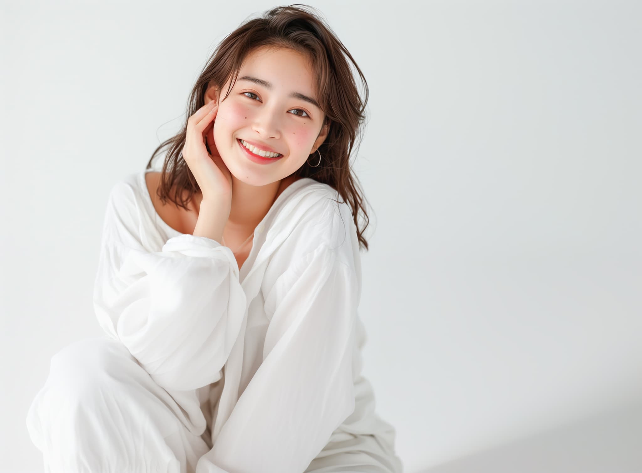 頬杖をついて微笑むきれいな歯並びの女性