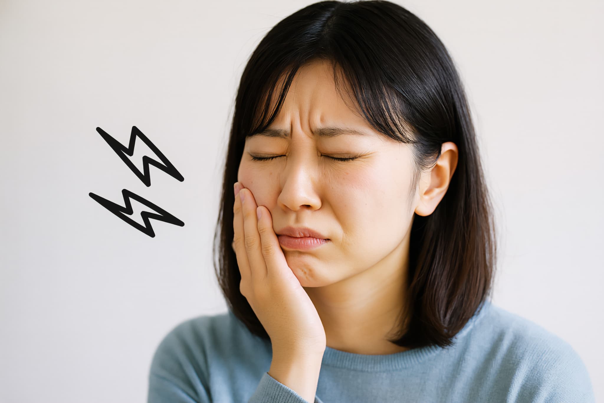親知らずが痛んで頬を押さえる女性