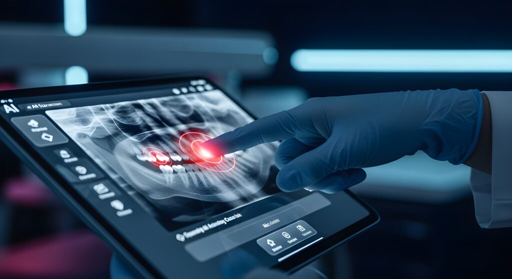 インプラント周囲炎によりぐらつくインプラントを確認している歯科医師