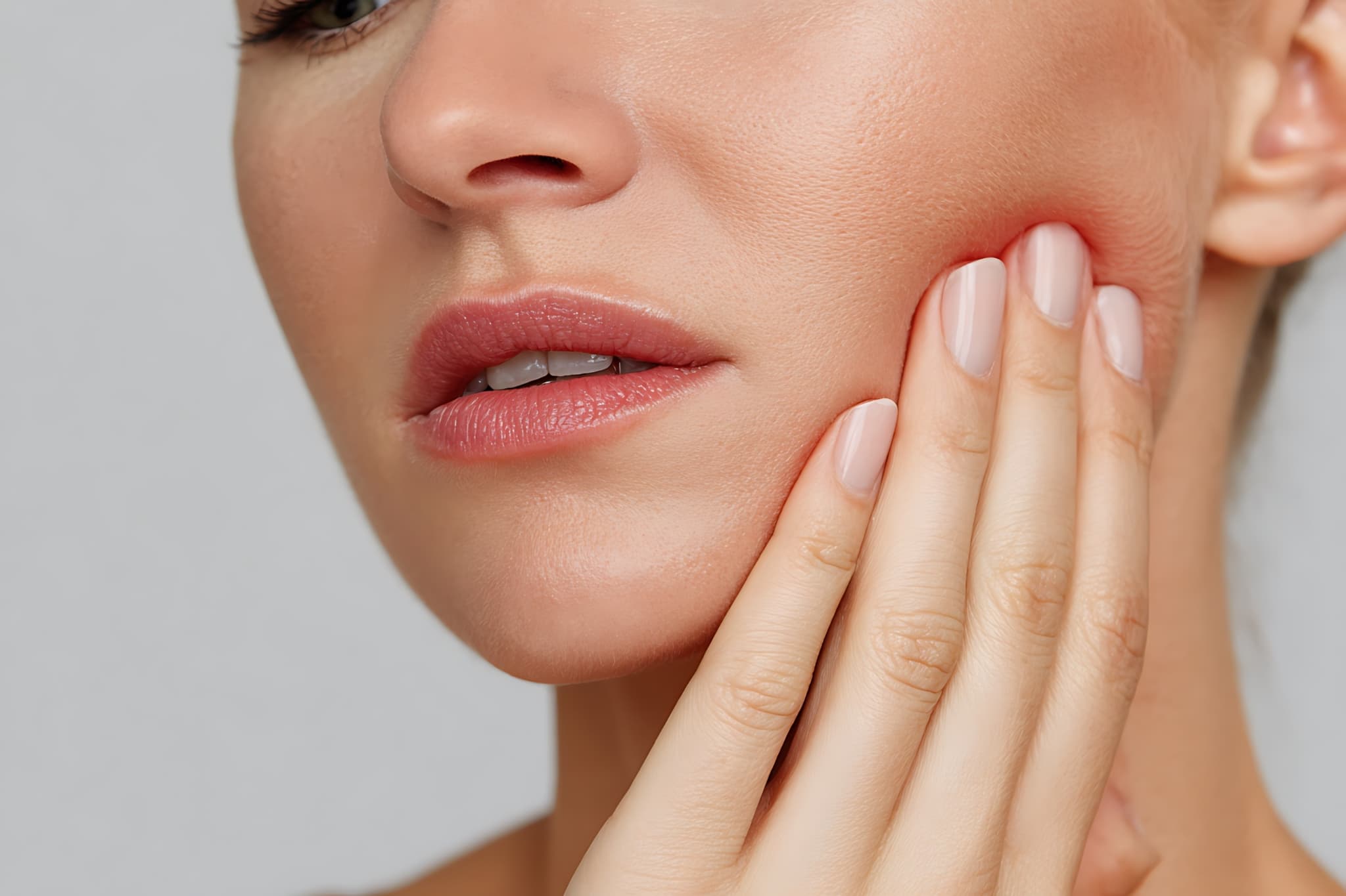 顎関節症で痛む顎を押さえる女性