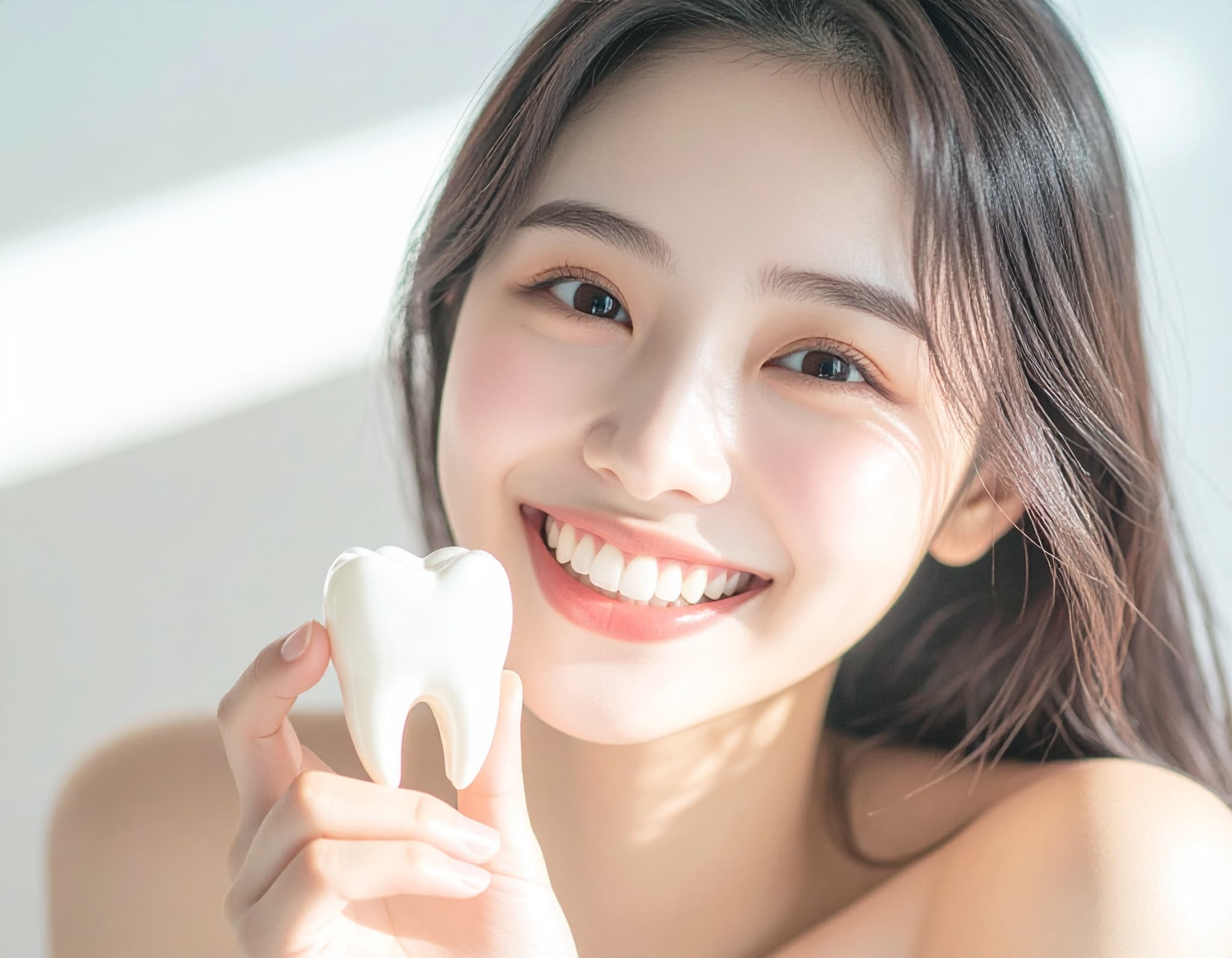 セラミックの歯にした女性が白い歯の模型を手に満足して微笑んでいるイメージ