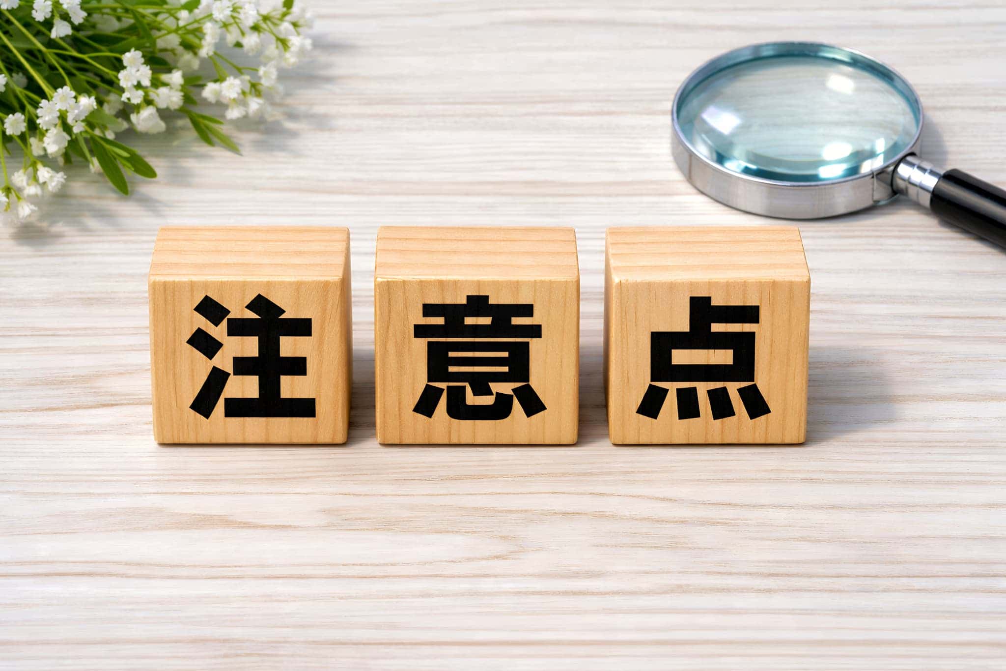 注意点と書かれたブロックと虫眼鏡