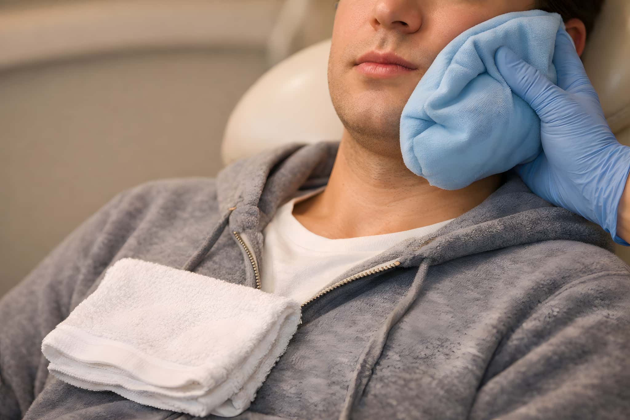 抜歯後に腫れた患部を冷やす男性
