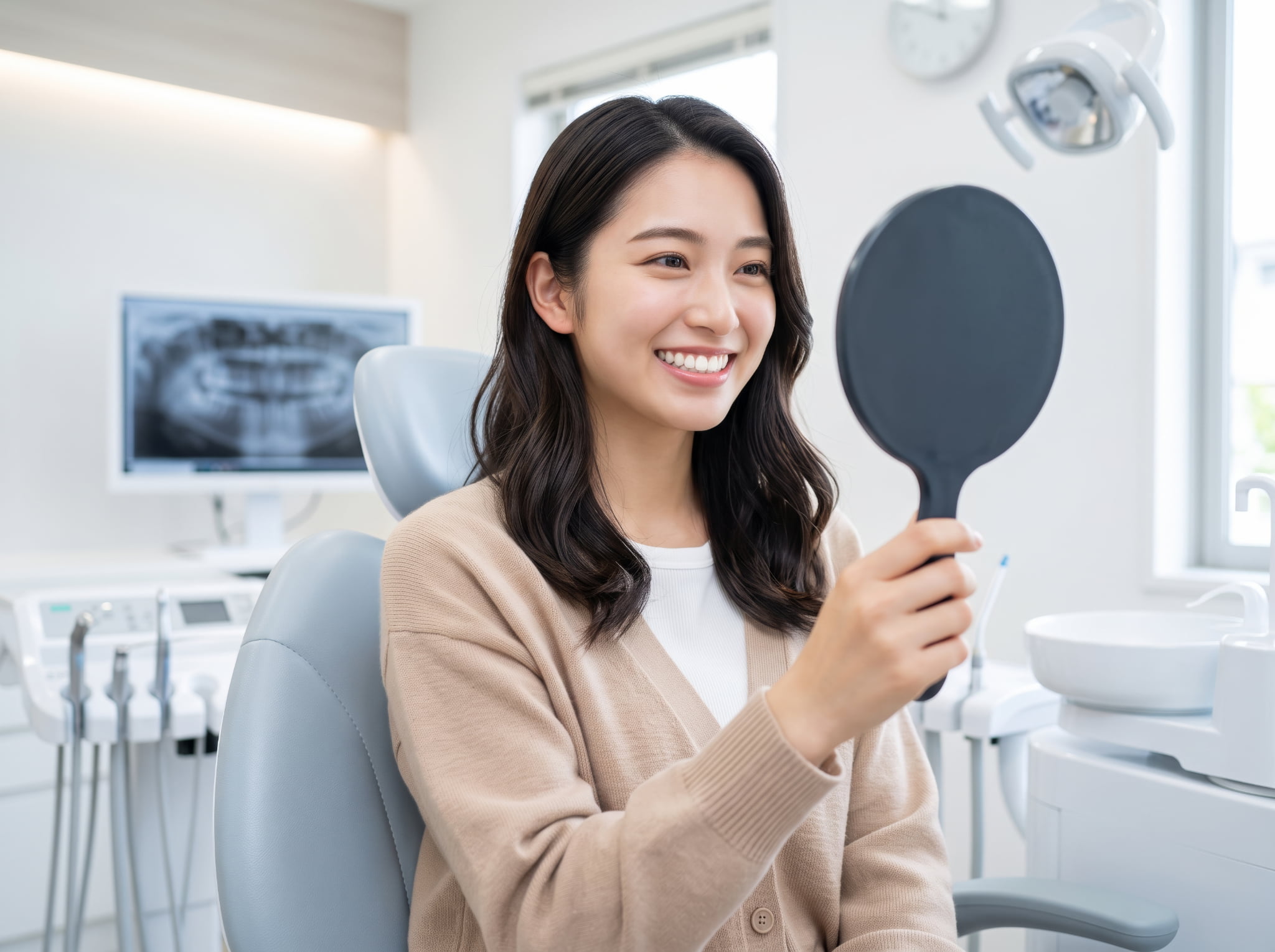 整った前歯を嬉しそうに鏡で確認する女性