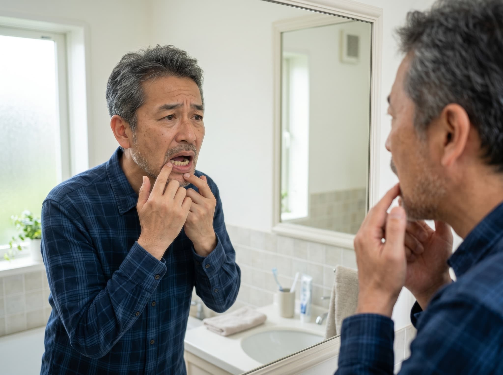 顎関節症は歯並びが原因なのか鏡を見ながら考える男性